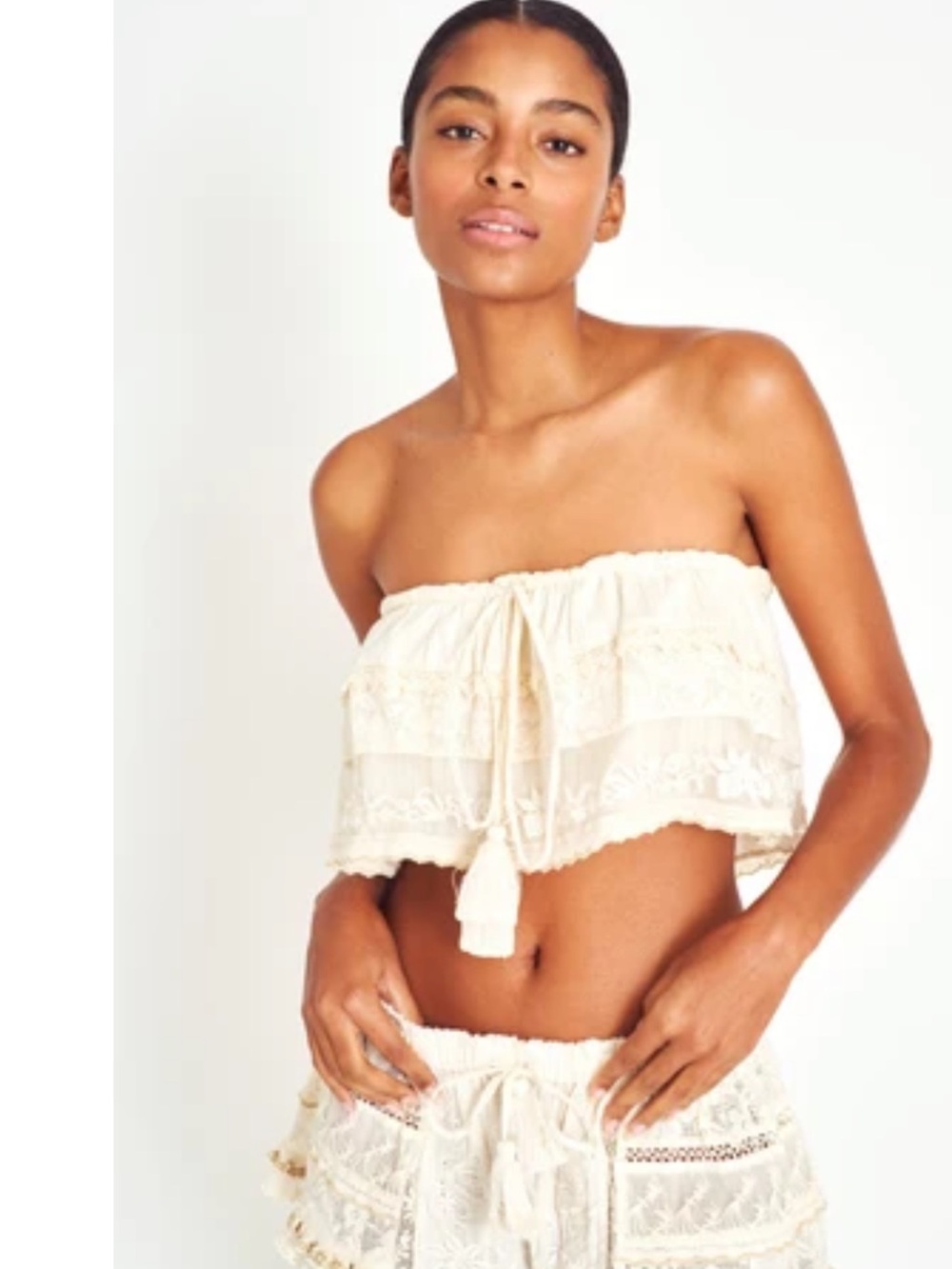 LoveShackFancy Strapless Lace-Trim Crop Top in Cream